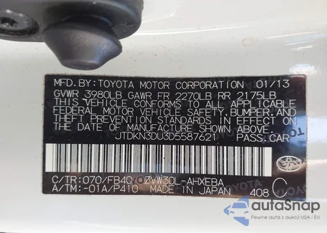 2013 Toyota Prius Two z USA, uszkodzony, nr VIN JTDKN3DU3D5587621